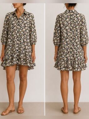 Floral Button Front Ruffle Tunic Dress Pockets High Low Boho Code x Mode S
